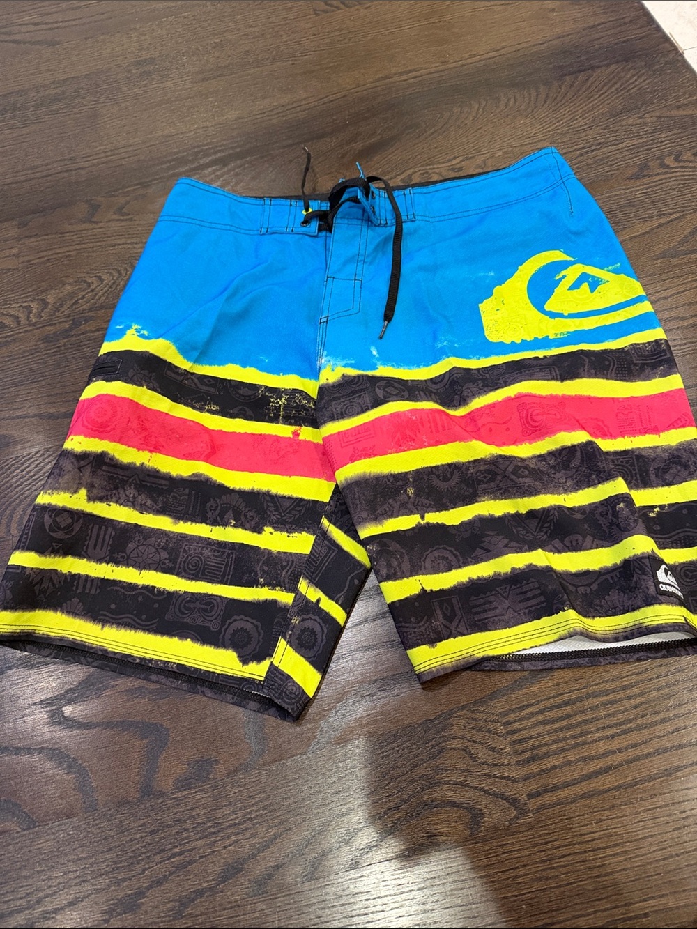 Quiksilver Blue Yellow Black Red Striped Swim Trunks